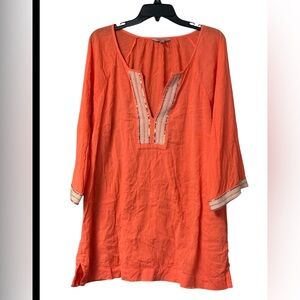 Athleta Orange Coral 3/4 Sleeve Beaded V-Neck Tunic Top size Large